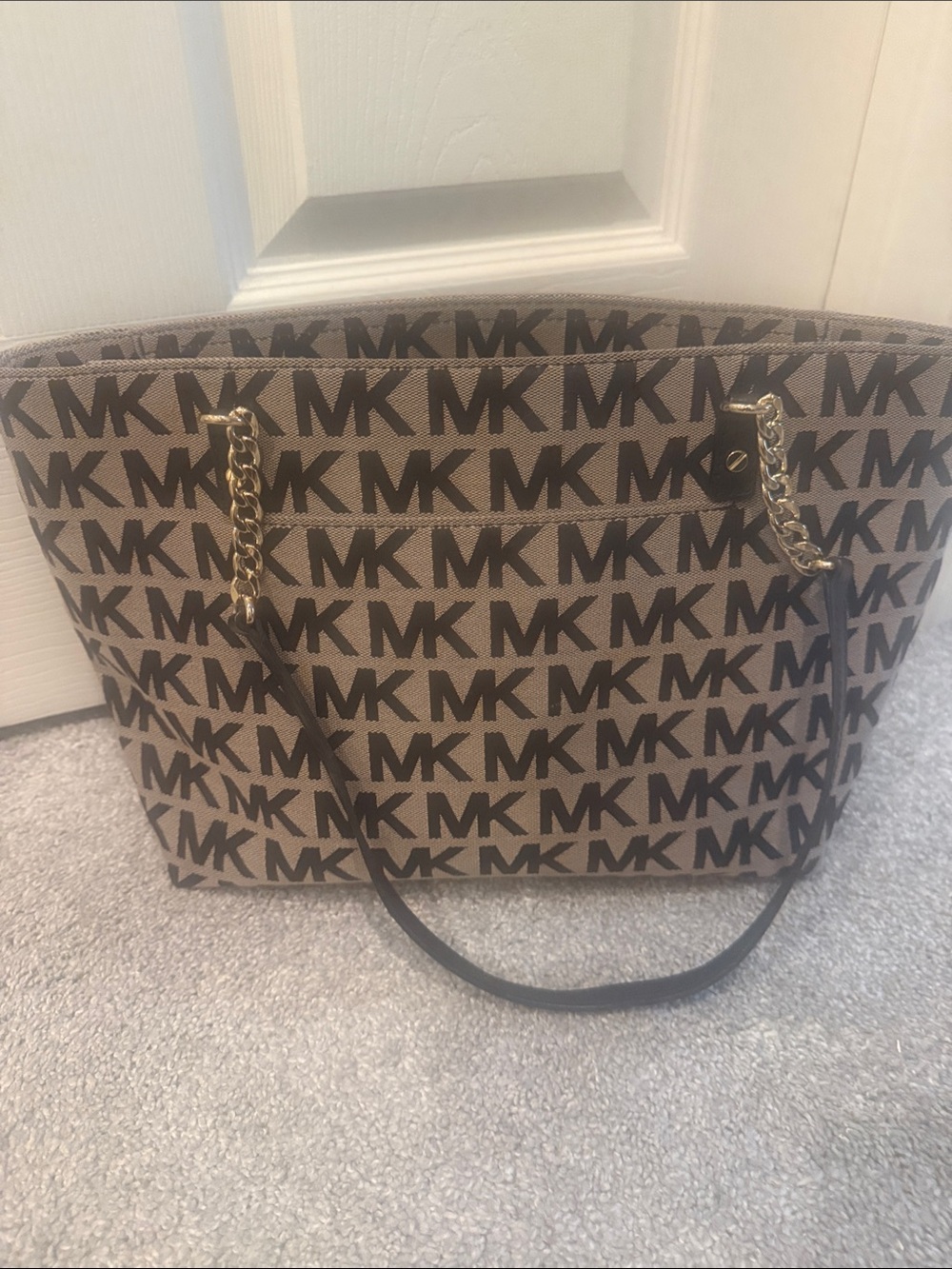 Michael Kors Bkack/Tan  MK Logo Tote with Gold Chain Handles